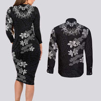 Hawaiian Lei Plumeria and Tropical Leaves Couples Matching Long Sleeve Bodycon Dress and Long Sleeve Button Shirt Watercolor Style-Grayscale