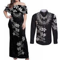 Hawaiian Lei Plumeria and Tropical Leaves Couples Matching Off Shoulder Maxi Dress and Long Sleeve Button Shirt Watercolor Style-Grayscale