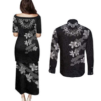 Hawaiian Lei Plumeria and Tropical Leaves Couples Matching Puletasi and Long Sleeve Button Shirt Watercolor Style-Grayscale LT03 - Polynesian Pride