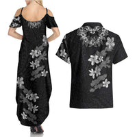 Hawaiian Lei Plumeria and Tropical Leaves Couples Matching Summer Maxi Dress and Hawaiian Shirt Watercolor Style-Grayscale