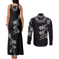 Hawaiian Lei Plumeria and Tropical Leaves Couples Matching Tank Maxi Dress and Long Sleeve Button Shirt Watercolor Style-Grayscale