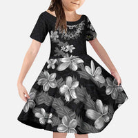 Hawaiian Lei Plumeria and Tropical Leaves Family Matching Mermaid Dress and Hawaiian Shirt Watercolor Style-Grayscale LT03 Daughter's Dress Black - Polynesian Pride