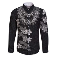 Hawaiian Lei Plumeria and Tropical Leaves Family Matching Mermaid Dress and Hawaiian Shirt Watercolor Style-Grayscale LT03 Dad's Shirt - Long Sleeve Black - Polynesian Pride