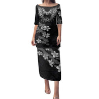 Hawaiian Lei Plumeria and Tropical Leaves Family Matching Puletasi and Hawaiian Shirt Watercolor Style-Grayscale LT03 Mom's Dress Black - Polynesian Pride