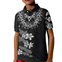 Hawaiian Lei Plumeria and Tropical Leaves Kid Polo Shirt Watercolor Style-Grayscale LT03 Kid Black - Polynesian Pride