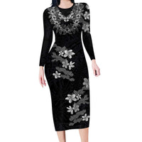 Hawaiian Lei Plumeria and Tropical Leaves Long Sleeve Bodycon Dress Watercolor Style-Grayscale LT03 Long Dress Black - Polynesian Pride