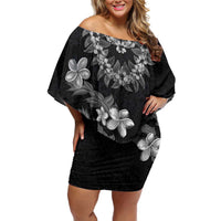 Hawaiian Lei Plumeria and Tropical Leaves Off Shoulder Short Dress Watercolor Style-Grayscale LT03 Women Black - Polynesian Pride