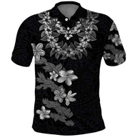 Hawaiian Lei Plumeria and Tropical Leaves Polo Shirt Watercolor Style-Grayscale LT03 Black - Polynesian Pride
