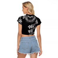 Hawaiian Lei Plumeria and Tropical Leaves Raglan Cropped T Shirt Watercolor Style-Grayscale LT03 - Polynesian Pride