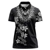 Hawaiian Lei Plumeria and Tropical Leaves Women Polo Shirt Watercolor Style-Grayscale LT03 Female Black - Polynesian Pride