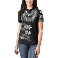 Hawaiian Lei Plumeria and Tropical Leaves Women Polo Shirt Watercolor Style-Grayscale LT03 - Polynesian Pride