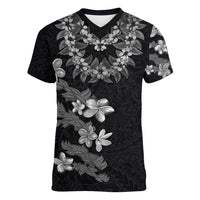 Hawaiian Lei Plumeria and Tropical Leaves Women V-Neck T-Shirt Watercolor Style-Grayscale LT03 Female Black - Polynesian Pride