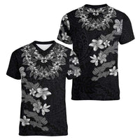 Hawaiian Lei Plumeria and Tropical Leaves Women V-Neck T-Shirt Watercolor Style-Grayscale LT03 - Polynesian Pride