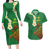 Hawaii Turtle Plumeria Flower Couples Matching Long Sleeve Bodycon Dress and Hawaiian Shirt Polynesian Pattern Green Color LT03 Green - Polynesian Pride