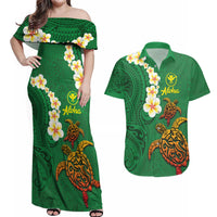 Hawaii Turtle Plumeria Flower Couples Matching Off Shoulder Maxi Dress and Hawaiian Shirt Polynesian Pattern Green Color LT03 Green - Polynesian Pride
