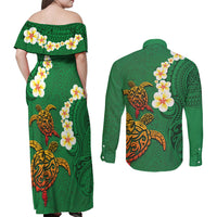 Hawaii Turtle Plumeria Flower Couples Matching Off Shoulder Maxi Dress and Long Sleeve Button Shirt Polynesian Pattern Green Color