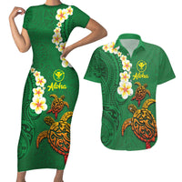 Hawaii Turtle Plumeria Flower Couples Matching Short Sleeve Bodycon Dress and Hawaiian Shirt Polynesian Pattern Green Color LT03 Green - Polynesian Pride