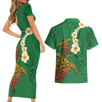 Hawaii Turtle Plumeria Flower Couples Matching Short Sleeve Bodycon Dress and Hawaiian Shirt Polynesian Pattern Green Color LT03 - Polynesian Pride