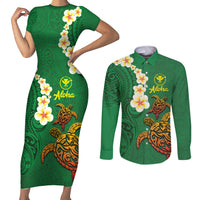 Hawaii Turtle Plumeria Flower Couples Matching Short Sleeve Bodycon Dress and Long Sleeve Button Shirt Polynesian Pattern Green Color LT03 Green - Polynesian Pride