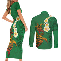 Hawaii Turtle Plumeria Flower Couples Matching Short Sleeve Bodycon Dress and Long Sleeve Button Shirt Polynesian Pattern Green Color LT03 - Polynesian Pride
