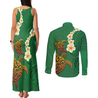 Hawaii Turtle Plumeria Flower Couples Matching Tank Maxi Dress and Long Sleeve Button Shirt Polynesian Pattern Green Color