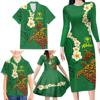 Hawaii Turtle Plumeria Flower Family Matching Long Sleeve Bodycon Dress and Hawaiian Shirt Polynesian Pattern Green Color LT03 - Polynesian Pride