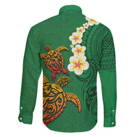 Hawaii Turtle Plumeria Flower Family Matching Long Sleeve Bodycon Dress and Hawaiian Shirt Polynesian Pattern Green Color LT03 - Polynesian Pride