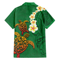 Hawaii Turtle Plumeria Flower Family Matching Off The Shoulder Long Sleeve Dress and Hawaiian Shirt Polynesian Pattern Green Color LT03 - Polynesian Pride