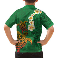 Hawaii Turtle Plumeria Flower Family Matching Off Shoulder Maxi Dress and Hawaiian Shirt Polynesian Pattern Green Color