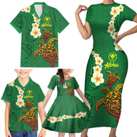 Hawaii Turtle Plumeria Flower Family Matching Short Sleeve Bodycon Dress and Hawaiian Shirt Polynesian Pattern Green Color LT03 - Polynesian Pride