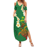 Hawaii Turtle Plumeria Flower Family Matching Summer Maxi Dress and Hawaiian Shirt Polynesian Pattern Green Color LT03 Mom's Dress Green - Polynesian Pride
