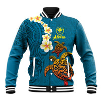 Hawaii Turtle Plumeria Flower Baseball Jacket Polynesian Pattern Blue Color
