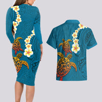 Hawaii Turtle Plumeria Flower Couples Matching Long Sleeve Bodycon Dress and Hawaiian Shirt Polynesian Pattern Blue Color LT03 - Polynesian Pride