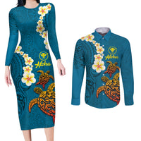 Hawaii Turtle Plumeria Flower Couples Matching Long Sleeve Bodycon Dress and Long Sleeve Button Shirt Polynesian Pattern Blue Color