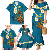 Hawaii Turtle Plumeria Flower Family Matching Mermaid Dress and Hawaiian Shirt Polynesian Pattern Blue Color LT03 - Polynesian Pride
