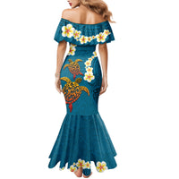 Hawaii Turtle Plumeria Flower Family Matching Mermaid Dress and Hawaiian Shirt Polynesian Pattern Blue Color LT03 - Polynesian Pride