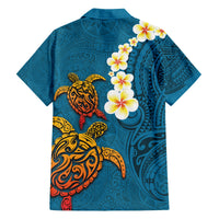 Hawaii Turtle Plumeria Flower Family Matching Off The Shoulder Long Sleeve Dress and Hawaiian Shirt Polynesian Pattern Blue Color LT03 - Polynesian Pride