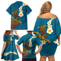 Hawaii Turtle Plumeria Flower Family Matching Off Shoulder Short Dress and Hawaiian Shirt Polynesian Pattern Blue Color LT03 - Polynesian Pride