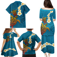 Hawaii Turtle Plumeria Flower Family Matching Puletasi and Hawaiian Shirt Polynesian Pattern Blue Color LT03 - Polynesian Pride
