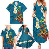 Hawaii Turtle Plumeria Flower Family Matching Summer Maxi Dress and Hawaiian Shirt Polynesian Pattern Blue Color LT03 - Polynesian Pride