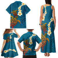 Hawaii Turtle Plumeria Flower Family Matching Tank Maxi Dress and Hawaiian Shirt Polynesian Pattern Blue Color LT03 - Polynesian Pride