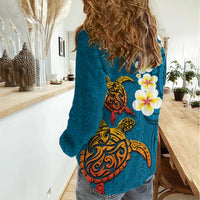 Hawaii Turtle Plumeria Flower Women Casual Shirt Polynesian Pattern Blue Color