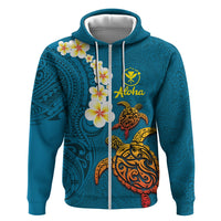 Hawaii Turtle Plumeria Flower Zip Hoodie Polynesian Pattern Blue Color