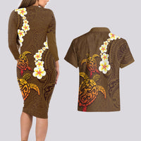 Hawaii Turtle Plumeria Flower Couples Matching Long Sleeve Bodycon Dress and Hawaiian Shirt Polynesian Pattern Brown Color LT03 - Polynesian Pride