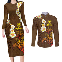 Hawaii Turtle Plumeria Flower Couples Matching Long Sleeve Bodycon Dress and Long Sleeve Button Shirt Polynesian Pattern Brown Color LT03 Brown - Polynesian Pride