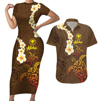 Hawaii Turtle Plumeria Flower Couples Matching Short Sleeve Bodycon Dress and Hawaiian Shirt Polynesian Pattern Brown Color LT03 Brown - Polynesian Pride