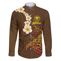 Hawaii Turtle Plumeria Flower Family Matching Off The Shoulder Long Sleeve Dress and Hawaiian Shirt Polynesian Pattern Brown Color LT03 Dad's Shirt - Long Sleeve Brown - Polynesian Pride