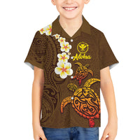 Hawaii Turtle Plumeria Flower Family Matching Off The Shoulder Long Sleeve Dress and Hawaiian Shirt Polynesian Pattern Brown Color LT03 Son's Shirt Brown - Polynesian Pride