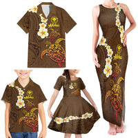 Hawaii Turtle Plumeria Flower Family Matching Tank Maxi Dress and Hawaiian Shirt Polynesian Pattern Brown Color LT03 - Polynesian Pride
