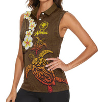 Hawaii Turtle Plumeria Flower Women Sleeveless Polo Shirt Polynesian Pattern Brown Color LT03 - Polynesian Pride